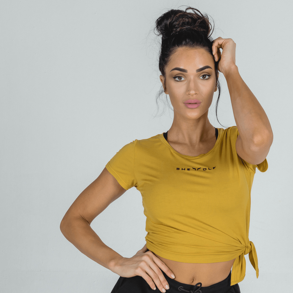 squatwolf-gym-t-shirts-for-women-she-wolf-crop-top-mustard-workout-clothes