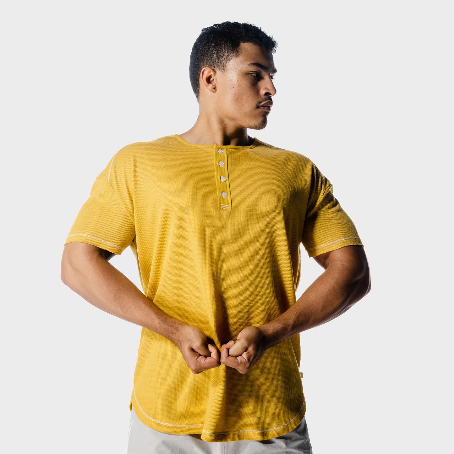 squatwolf-workout-shirts-golden-era-waffle-top-lemon-curry-gym-wear-for-men