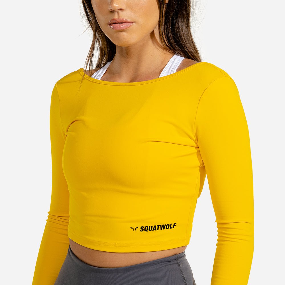 squatwolf-gym-t-shirts-for-women-warrior-crop-tee-yellow-workout-clothes