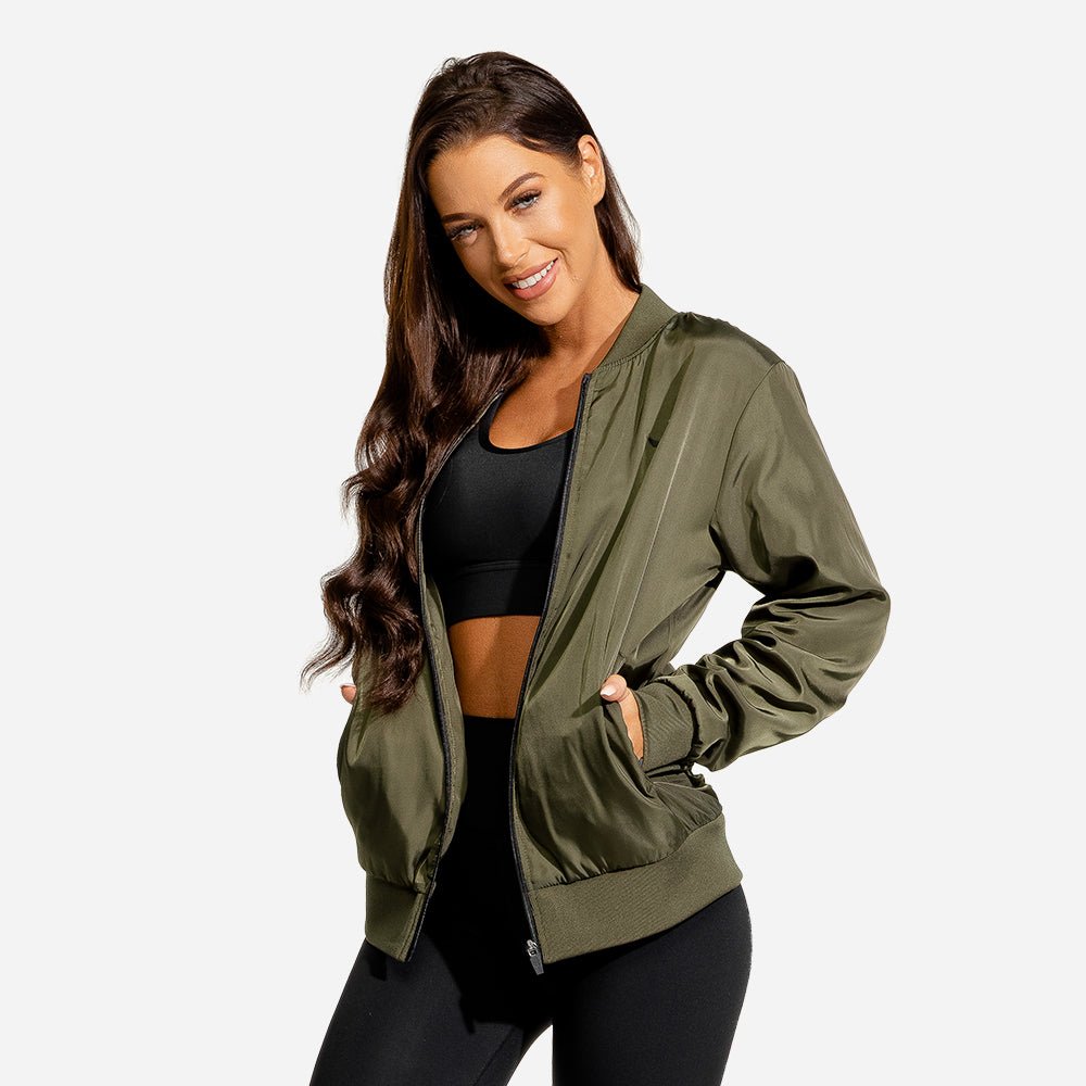 squatwolf-gym-hoodies-women-bomber-jacket-khaki-workout-clothes