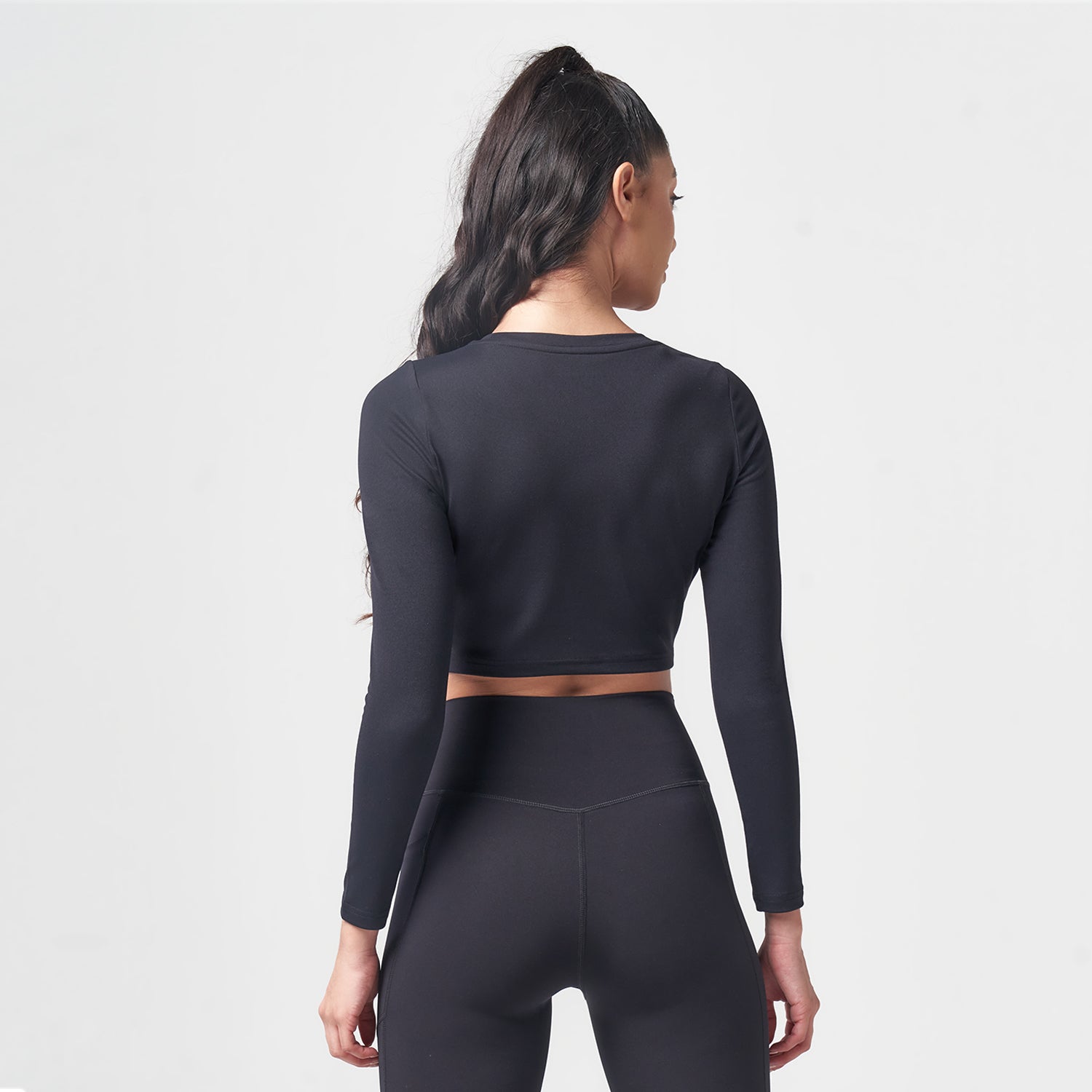 Cropped Black Long Sleeve Workout Top - Women