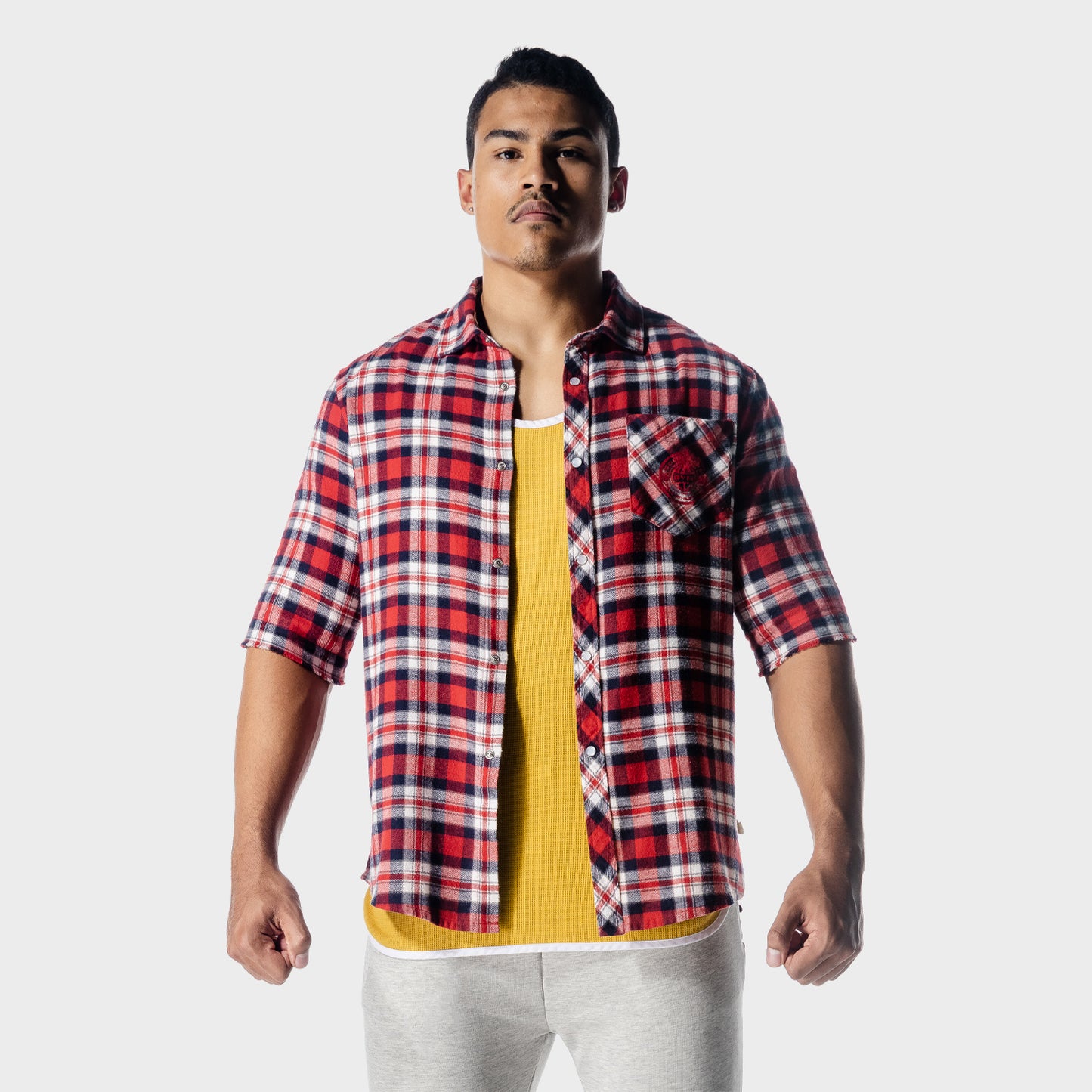 squatwolf-workout-shirts-golden-era-flannel-shirt-red-check-workout-clothes-for-men